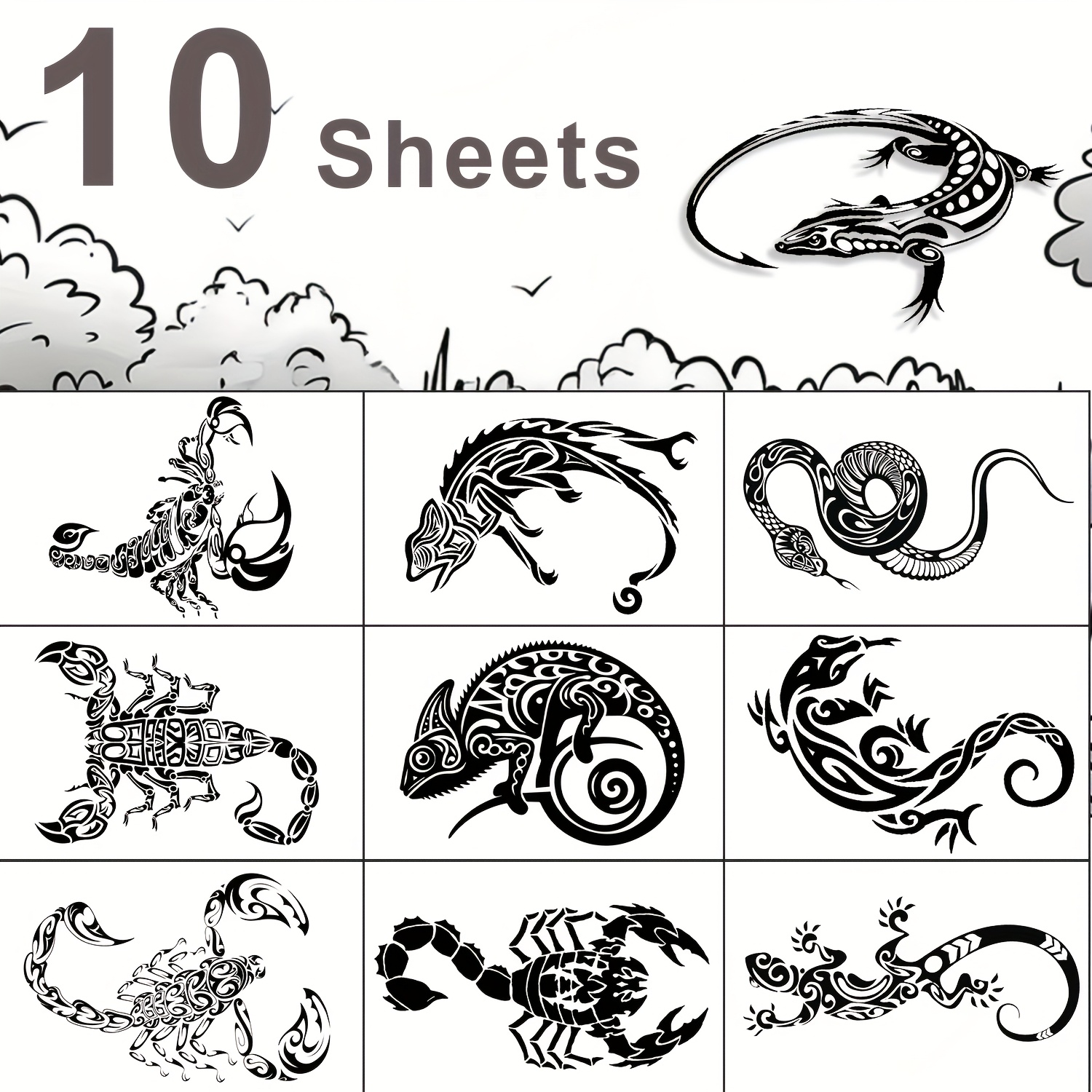 Image of Ftvltat 10 Sheets Tribal Hawaiian Temporary Tattoos For Adults – Maori-inspired , & , Snake, Chameleon, Lizard, More – Black & White Polynesian Designs For Neck, , Hands & Legs