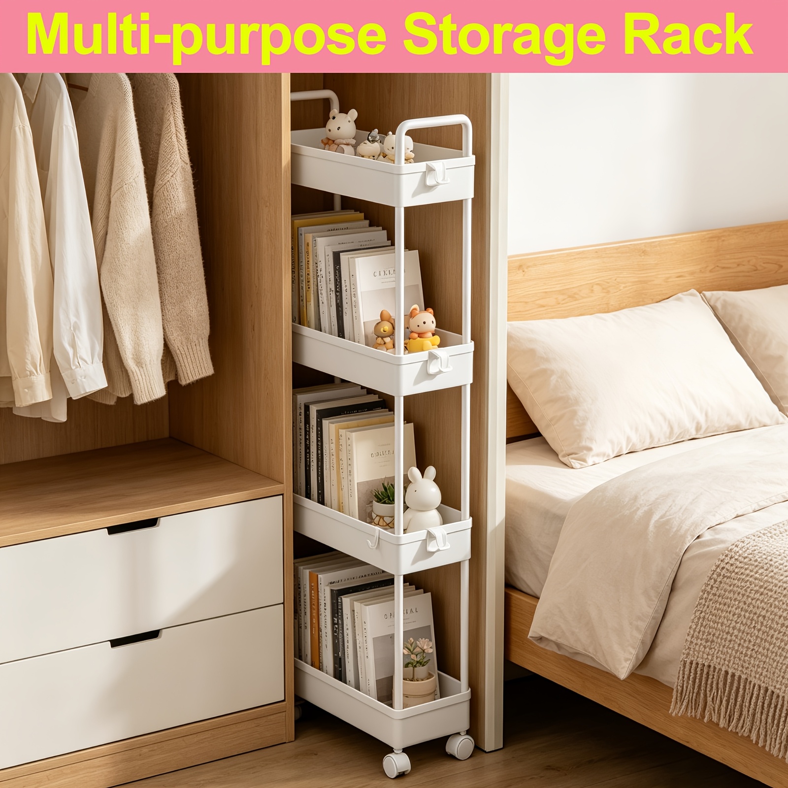 4 Tier Mobile Storage Rack, Trolley Kitchen Organizers Multifunctional Storage Shelf With Wheels For Kitchen Bedroom Bathroom