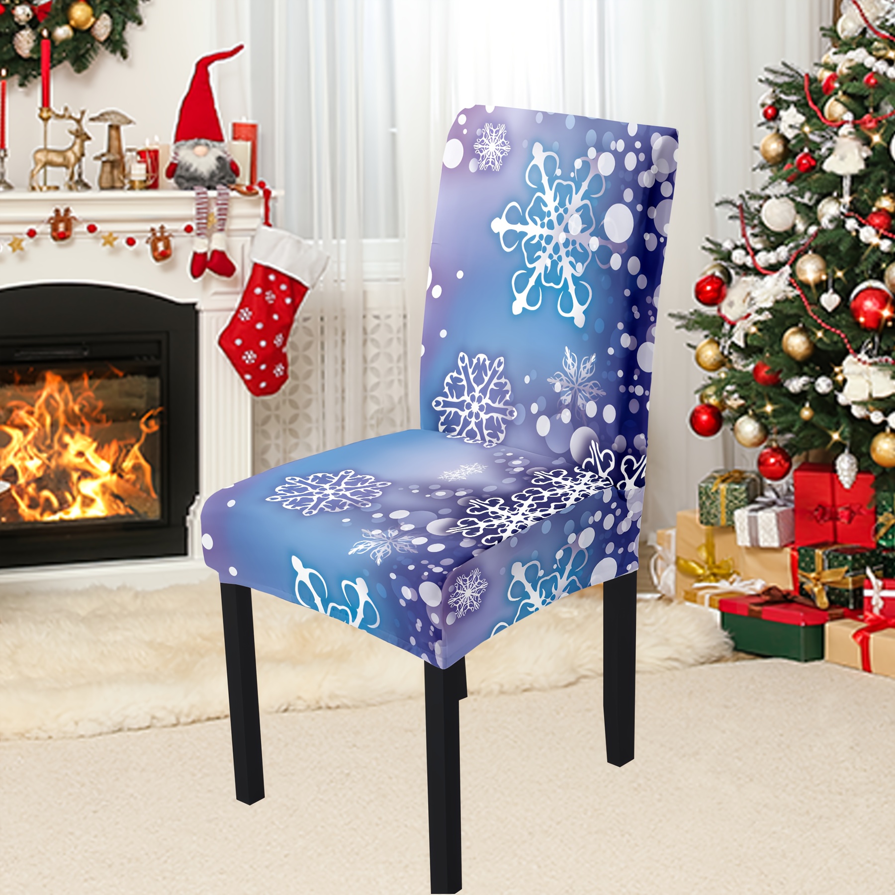 

4/6pcs Classic Design Chair Cover With Elastic Fabric, Blue Snowflake Pattern, Suitable For Kitchen, Living Room, Hotel, Party Decor, Stretchy And Durable For Christmas