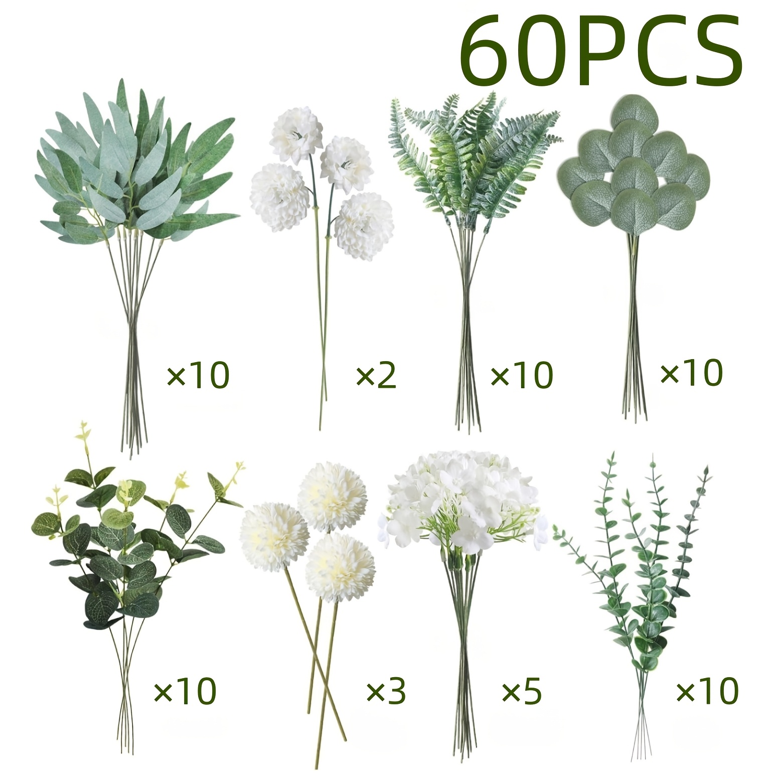 Image of 60pcs Artificial Branches & Artificial Flowers, White Flowers Leaves, Artificial Decorative Branches, Art Flowers, Artificial Flower Bouquet, Eucalyptus For Diy Bouquet, Bridal
