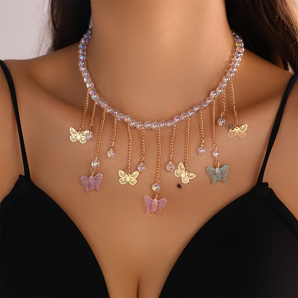 

1pc Elegant Butterfly Tassel Choker Butterfly Pendant Choker Necklace Faux Crystal Necklace For Women Delicate Clavicle Chain Multi-color Butterfly Pendant Choker For Girls Perfect Gift Choice