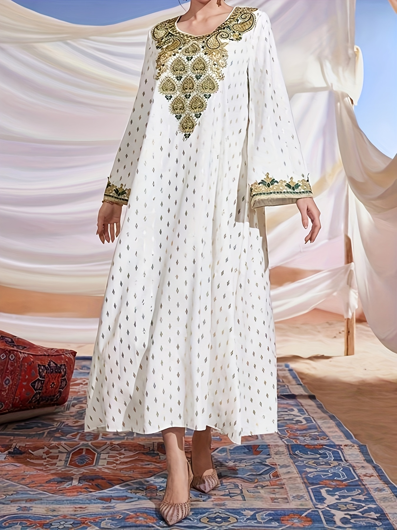 formal tunic dress elegant long sleeve intricate golden pattern Long Sleeve Tunic Dress Elegant Dark Green Marci Tunic Dress