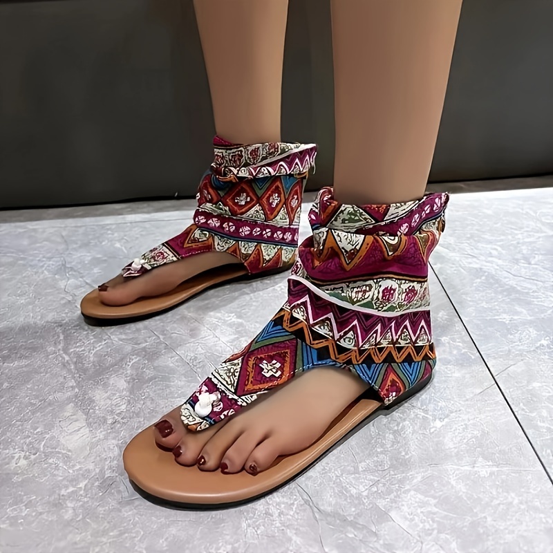 Women's Geometric Pattern Flat Sandals Open Toe T strap Back - Temu