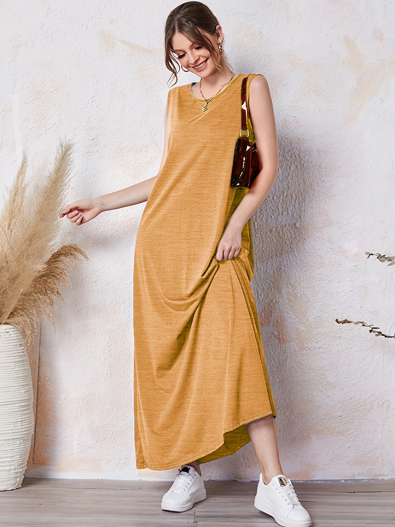 Solid Color Crew Neck Shift Dress Elegant Sleeveless Maxi Dress For Spring Summer Women s Clothing