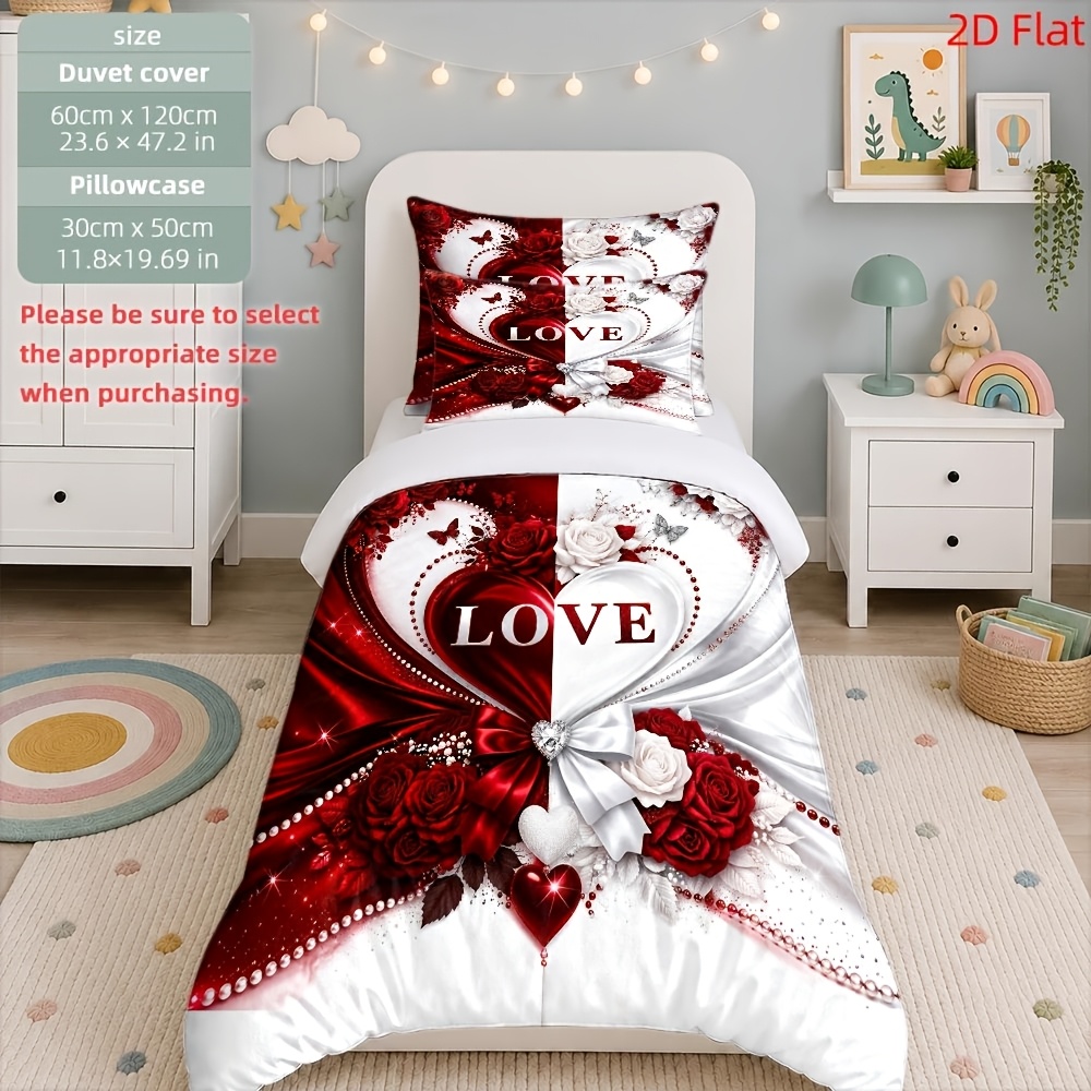 TEMU 3pcs Duvet Cover Set, 1 Duvet Cover   2 Pillowcases (no Filler), 2d Flat Printing, 3pcs Duvet Cover Set, Red And White -shaped , Romantic