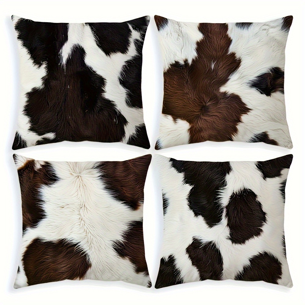 

Set Of 4 Vintage Cowhide Throw Pillow Covers - 18x18 Inch, Farmhouse Animal Print, Polyester Zippered Cushion Cases For Home & Outdoor Decor, Hand Wash Only - Inserts Not Included