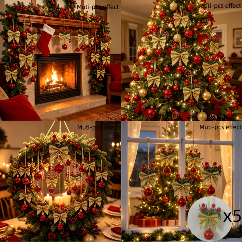 TEMU Juego de 5 piezas de adornos clásicos de bolas navideñas , una con dorado , combinadas con agujas de pino artificiales y brillantes. Versátiles