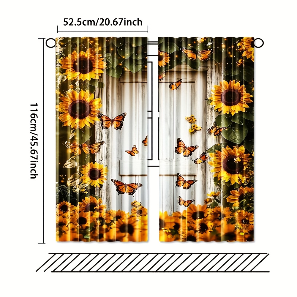 TEMU 2pcs, Vintage Sunflower And Print Window Drapes, Decorative Floral Polyester Rod Pocket For Living Room And Bedroom, Machine Washable,