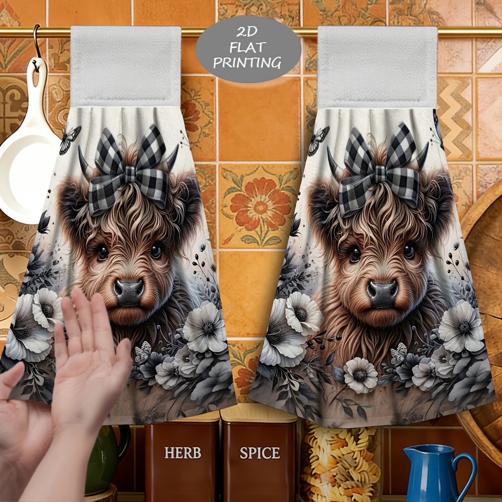 TEMU 2pcs Cow Pattern Print Hanging Hand Towel With Bow And Flowers, Soft Microfiber, Stylish And Casual, Soft And Skin-friendly, Highly Absorbent,