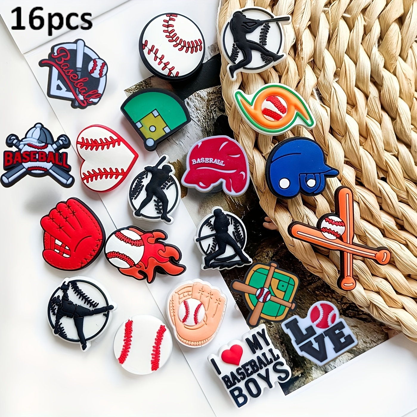 TEMU 16 breloques de chaussures Série Baseball - pour porte-clés, sandales - Breloques en PVC pour décorations et ajouts