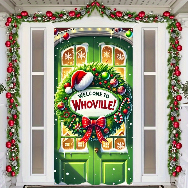 

2d Door Banner 1pc Christmas Door Banner - Polyester Reusable & Washable Porch Hanging Flag For Seasonal Home & Party Decoration, No Electricity Needed