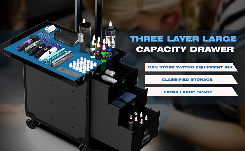 带有大容量存储的纹身行李箱 - 便携式纹身旅行箱，带有3层抽屉，用于存放设备（机器、针头、墨水），带有可调节三脚架的纹身工作台，采用厚实ABS材料，静音360°旋转轮 - 无味，无需电力，无需电池 详情 0