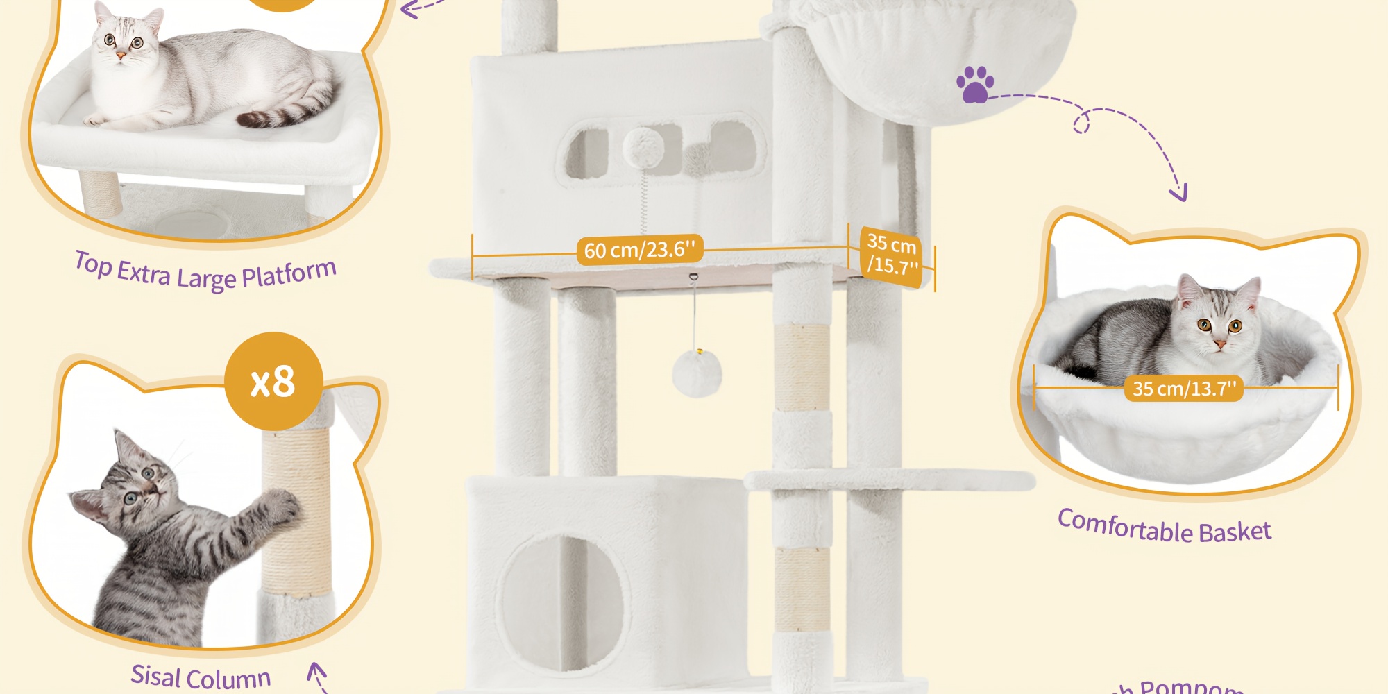 Grande Arbre à Chat, 210 cm de Hauteur, avec 8 Griffes, 2 Tanières, Grandes Plateformes, Tapis Lavable, Hamac, Balles en Peluche, Arbre Multiniveaux, Blanc Crème