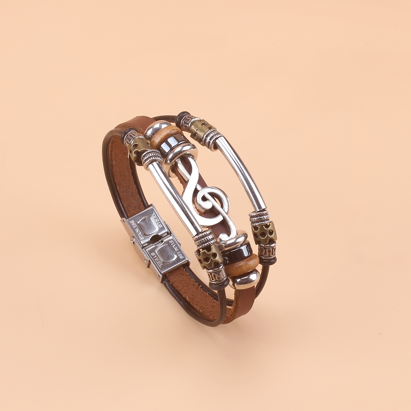 Image of A Ethnic Style Beaded Note Genuine Leather Stainless Steel Bohemian Bracelet Suitable For Daily Wear, Unisex, Holiday Gift