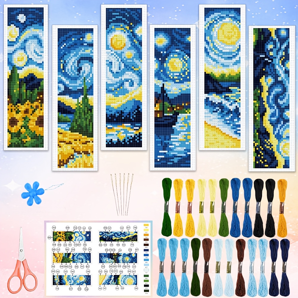 TEMU Kit de manualidades DIY de 6 piezas para hacer marcapáginas de punto de cruz estilo pintura al óleo con temática de cielo estrellado - Montaña y