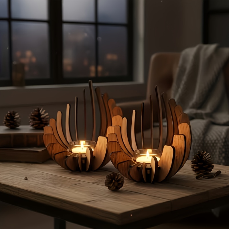 TEMU 2pcs Creative Wooden Candle Holders, Flame Lotus Tea Candle Stands, Wood Tabletop Decor, Handmade Style Ornaments, Suitable For Home, Wedding,