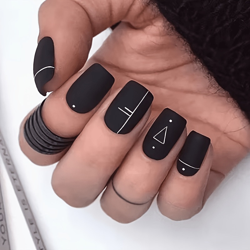 TEMU Upgrade Your Look With 24pcs Press-on Nails Featuring A Simple Black . Versatile, Elegant False Nails Enhance Your And Are Removable. Includes