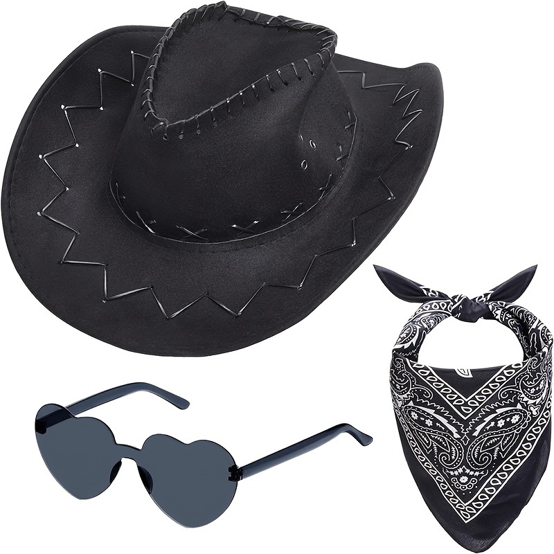 TEMU 3pcs/set, Western Cowboy Costume Set, Cowgirl Hat & Heart Shaped Glasses & Bandana Set For Halloween