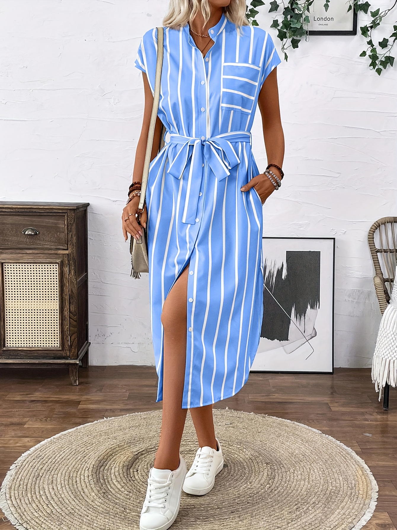 White And Blue Striped Dress Outfit Women's Blue White Striped
