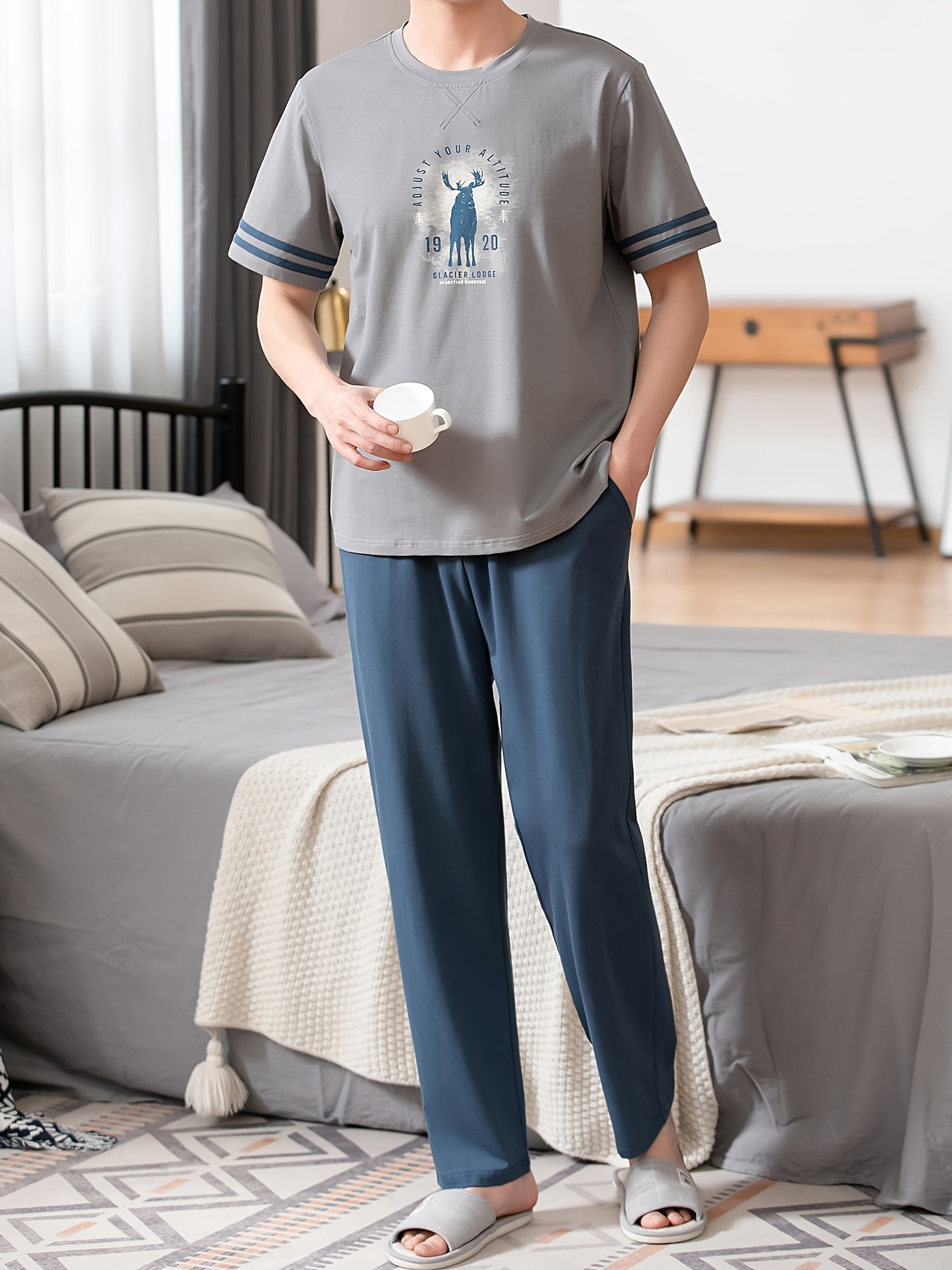 Summer Men's Pajamas Pure Cotton Short Sleeve Long Pants Slim Fit Plus Size Youth Loose Home Wear Set