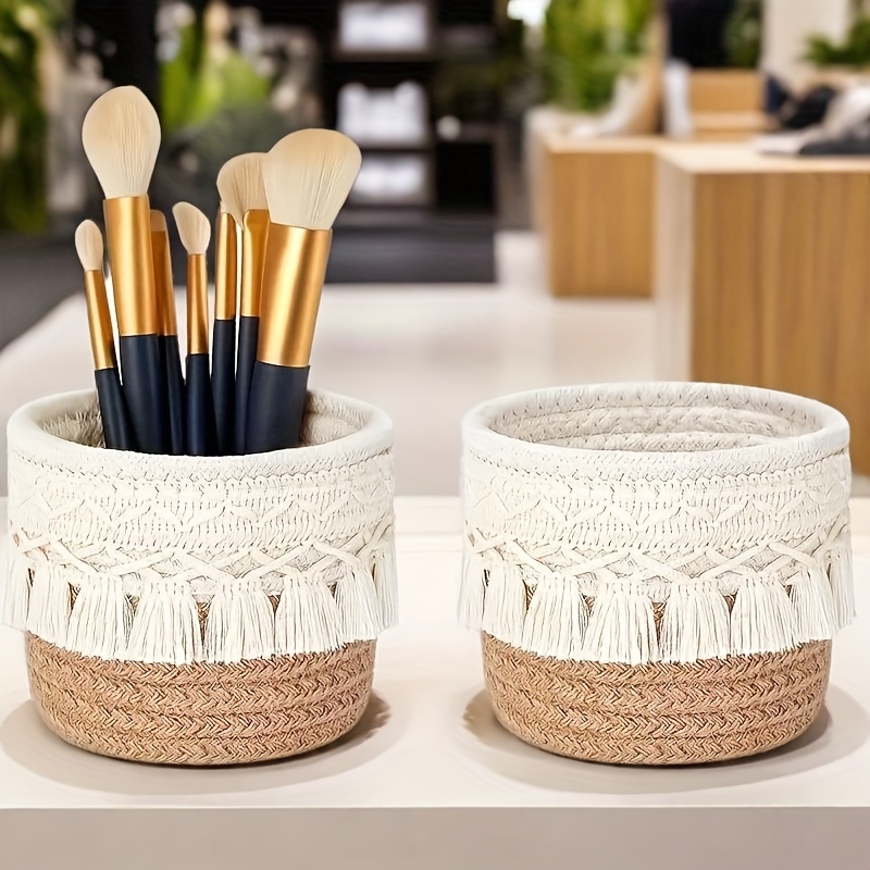 sendpistil vintage round woven desktop storage basket with fringe natural fabric makeup brush organizer for vanity bathroom desk decorative cosmetic accessories organizer shelf baskets Product details 5