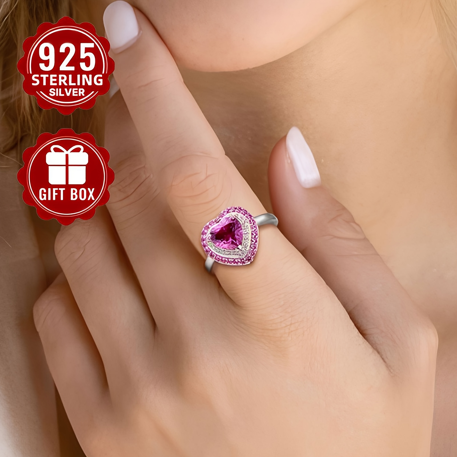 Pink Sparkling Zirconia Ring S925 Silver Heart Shape