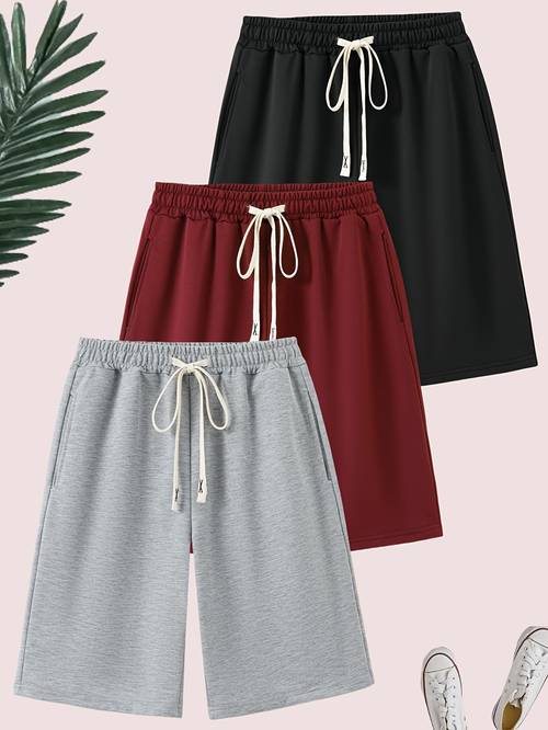 womens 3pcs casual shorts set solid color drawstring waist pockets spring summer fall casual wear drawstring waistband