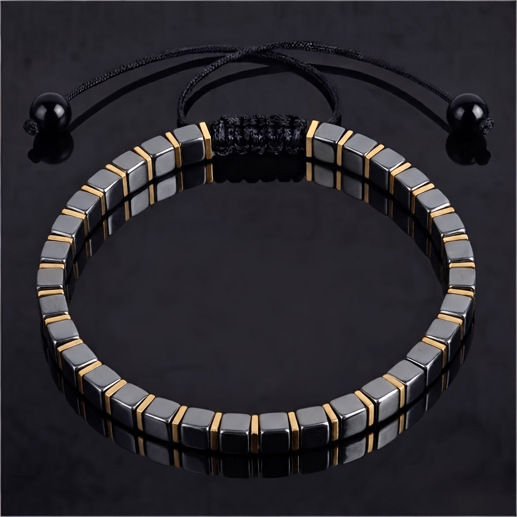 TEMU 1pc Natural Black Hematite Stone Bracelet For - Adjustable Hand-woven , Suitable For Daily Wear, Music Festivals, Gift For