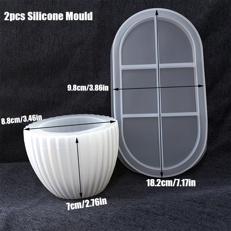 Image of 2pcs Silicone Mould Set Oval Tray Silicone Mould Striped Round Bowl Candle Container Mould Concrete Mould Round Striped Outdoor Cement Plant Pot Casting Moulds Diy Storage Bowl Plaster Moulds
