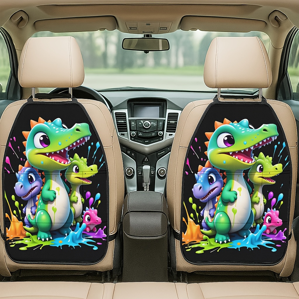 TEMU 2pcs Colorful Ink Cute Dinosaur Car Seat Back Protector, Stylish And Kick Mat And Kick Cover, Includes Storage Bag, Enhances Car Interior,