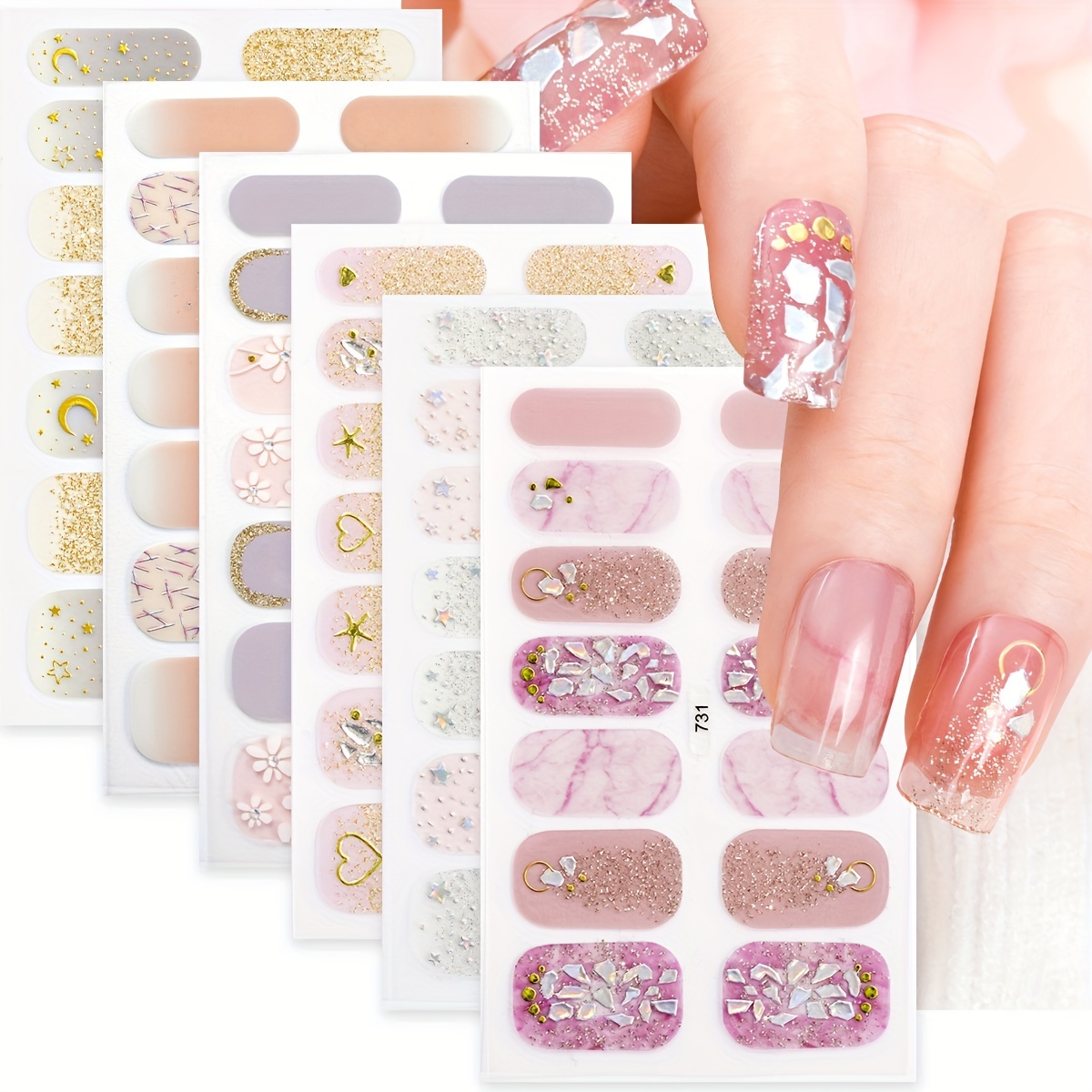 

6 Sheet Nail Polish Strips - Self-adhesive 3d Floral And Gemstone Design Nail Wraps, Glitter Finish, Fantasy Theme Stickers For Diy Nail Art, Solid Plastic Surface Decals With Shimmery Aurora Effects