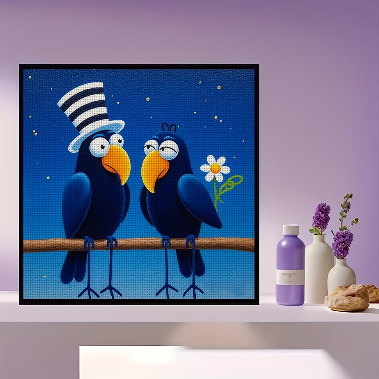 Cross-Stitch Kit Featuring Two Blue Birds Wearing Hats on a Branch