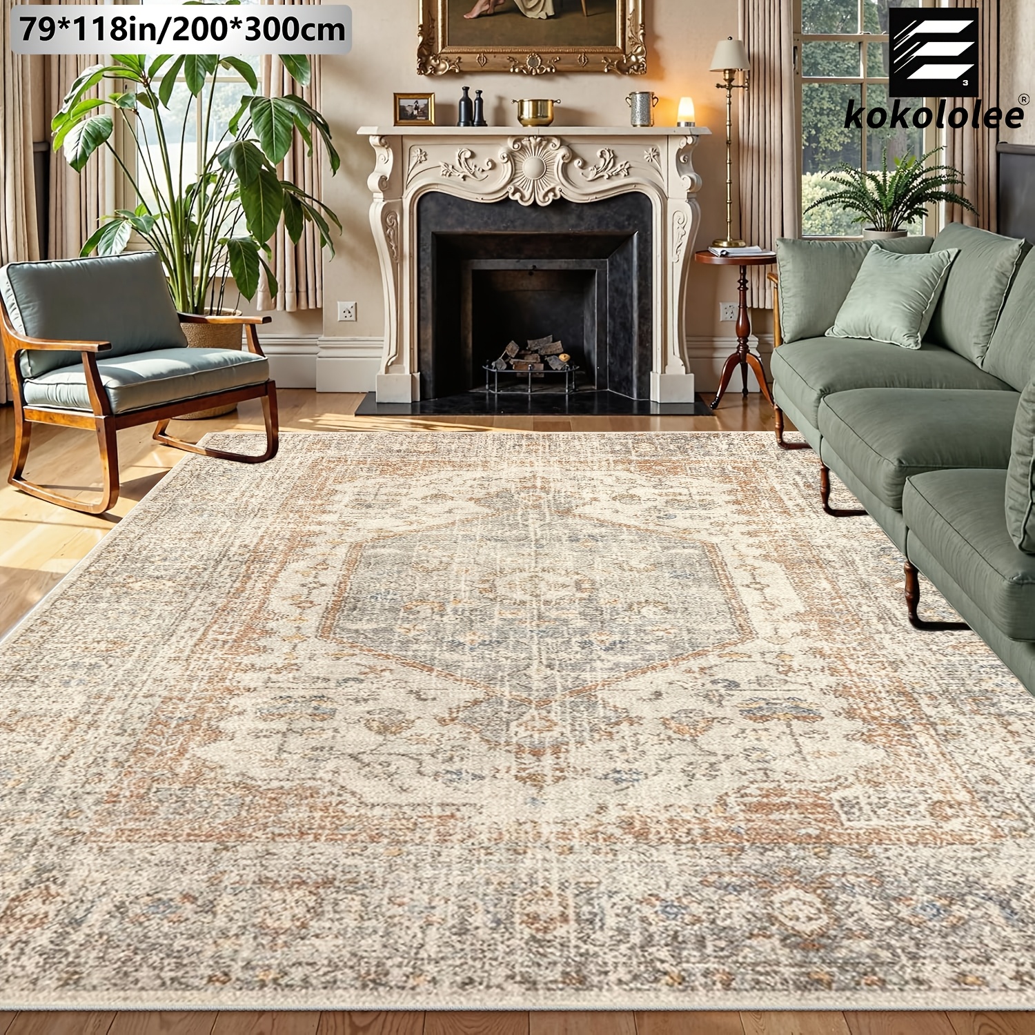 TEMU 1pc Kokololee Luxury Velvet Area Carpet | Vintage Beige Brown Grey Distressed Carpet, Non-slip Backing, Machine Washable, 100% Polyester Fiber,