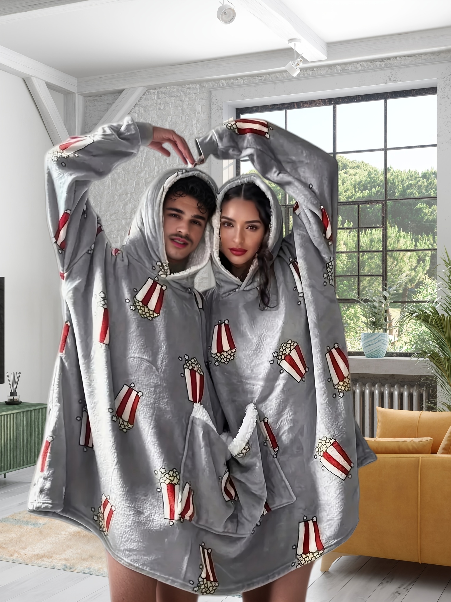 CozyBond Couple’s Flannel Pajamas with Popcorn & Candy Print