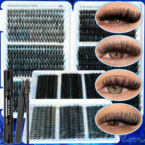 lash clusters kit 720pcs clusters lash extension kit 30d 100d eyelash extensions kits c individual wispy lashes cluster lash trays with tweezers for beginners