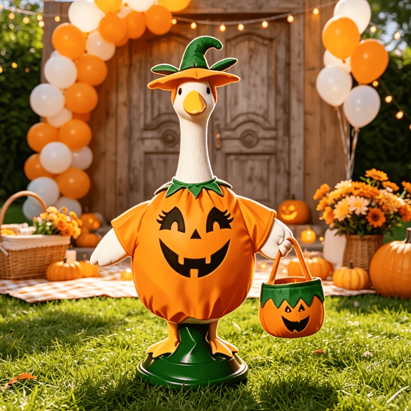 3pcs 23-inch Porch Goose Halloween Pumpkin Costume Set Including Hat And Pumpkin Tote Bag, Outdoor Festive Decorative Outfit Ornament For Courtyard And Villa Doorway