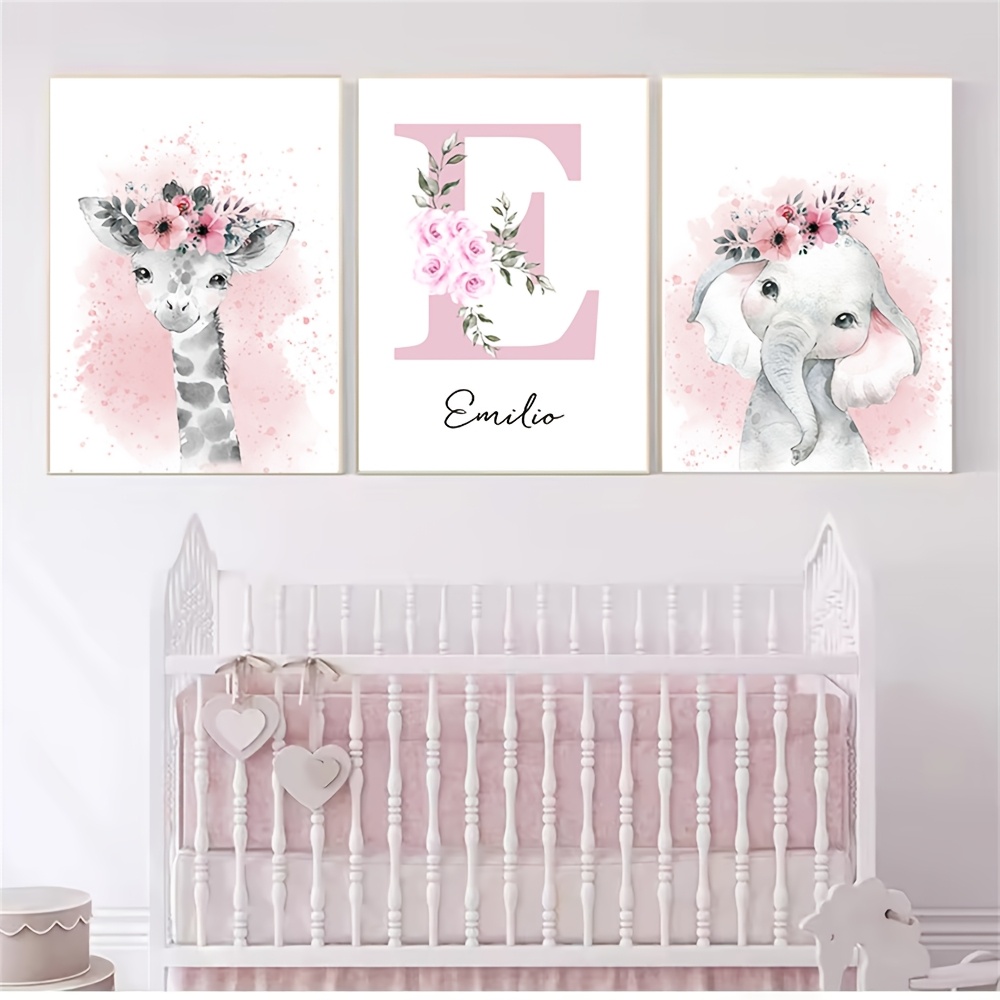 TEMU 2d Flat, 3pcs Pink Animal Custom Name Wall Art, Personalized Floral Giraffe And Poster Set, Girls Bedroom Decorative Print, Modern Bohemian