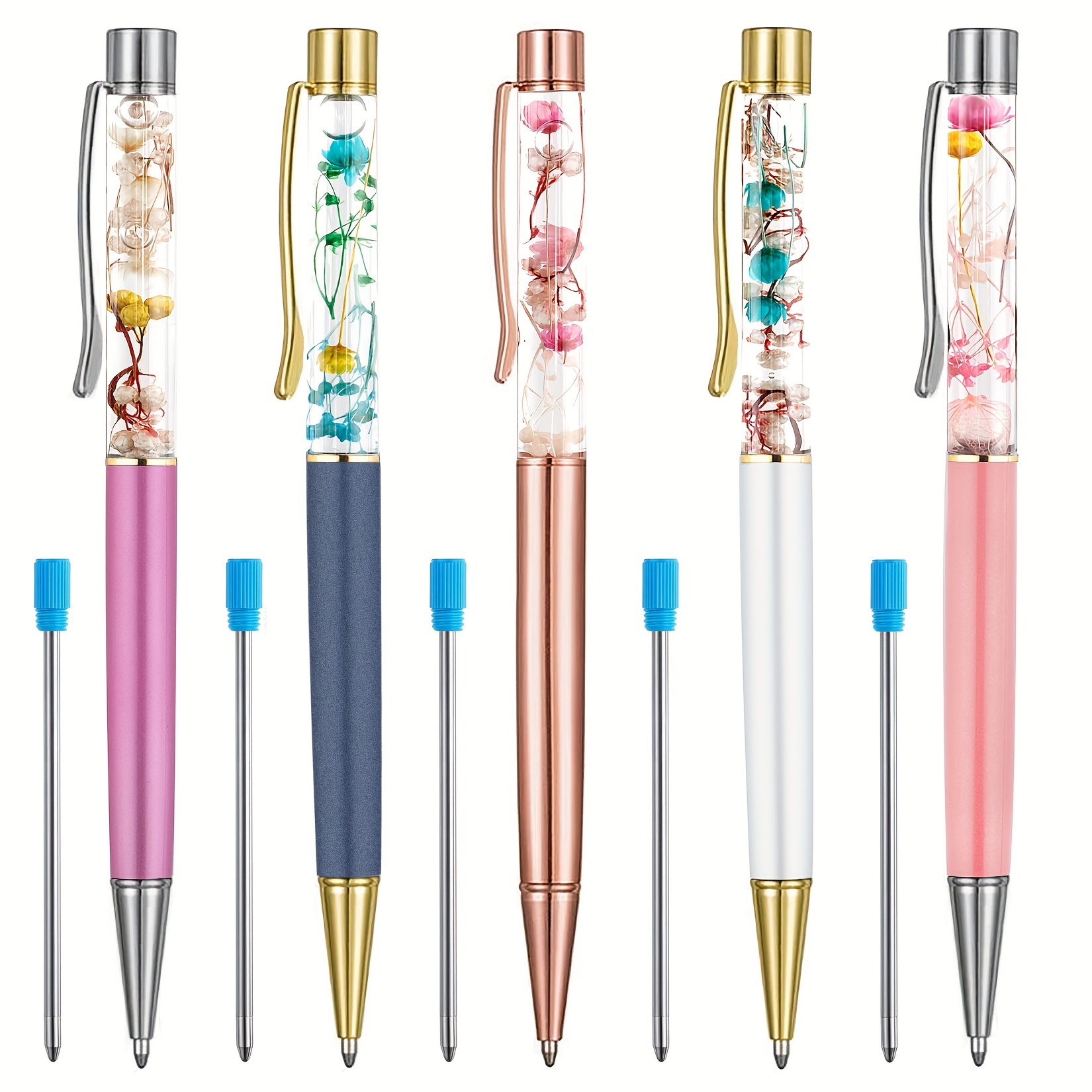 

Dried Flower Ballpoint Pens - 5 Pack Metal Twist Pens With Medium Point And Round Body, Blue Ink Writing Pens For Ages 14+ School And Desk Supplies