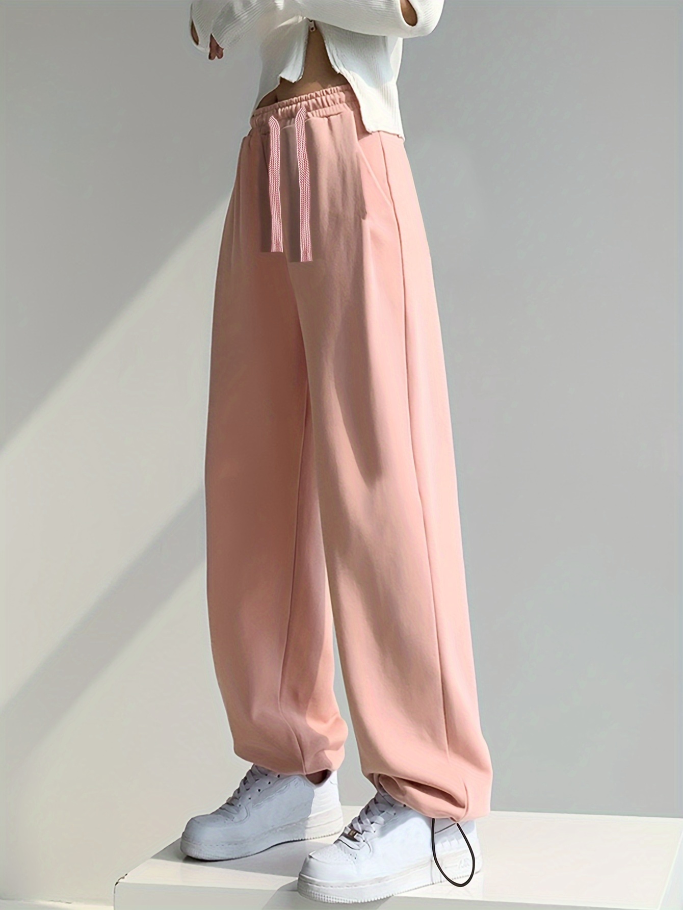 Loose Fit Leisure Trousers Drawstring Elastic Waist Solid Color