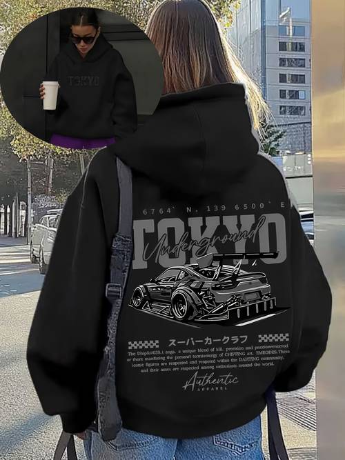 prevelika široka s kapuljačom, jednostavna tokyo , mala etiketa na prsima, leđa s tokyo koordinatama i underground retro drift utrka printom, s japanskom supercar craft etiketom i tekstom drift , japanski ulični cool stil