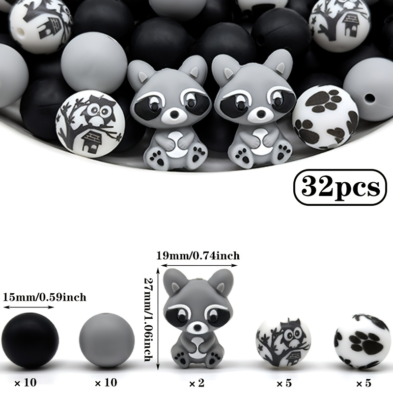 E-shop 32-teilige Silikonperlen, lustige Tier-Serie, schwarze graue runde Abstandshalterperlen, geeignet für handgemachten DIY-Schmuck tägliche