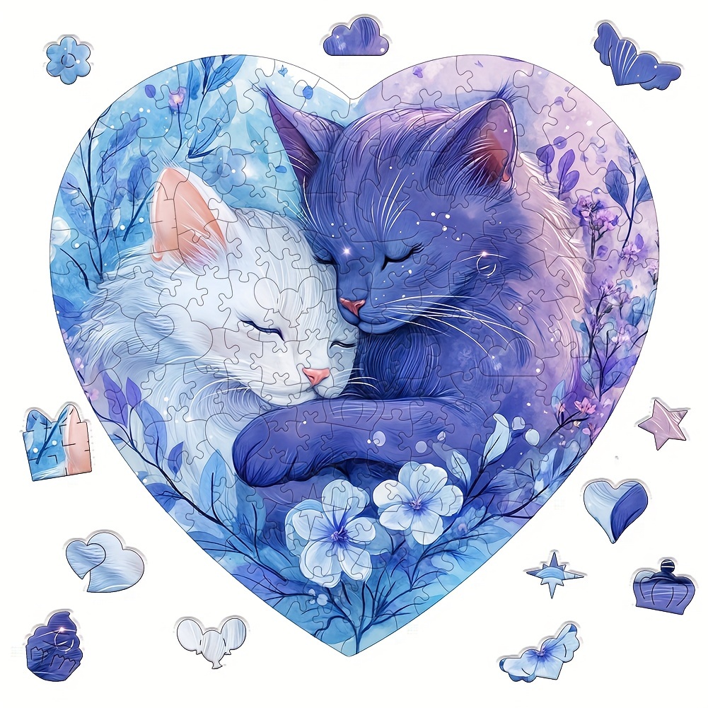 

Heart-shaped Wooden Puzzle 11" X 11" - White & Purple Cats Design, Educational Brain Teaser With Exquisite Box And Keychain