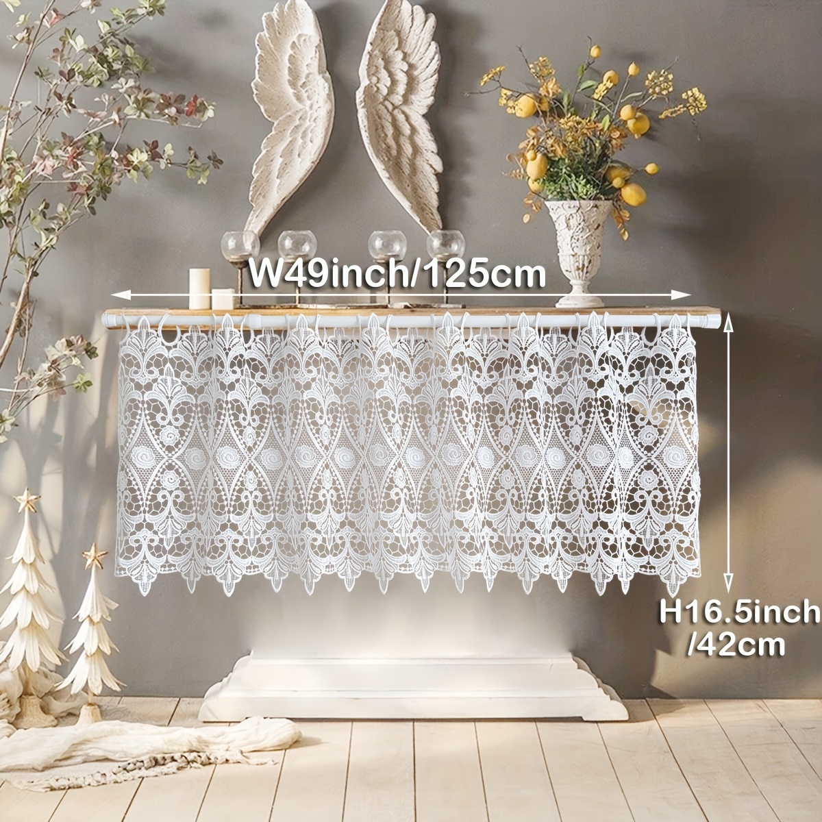 Image of 1pc, French Romantic White Exquisite Floral Embroidery Hollow Short Curtain, Suitable For Kitchen, Living Room, Cabinet, Farmhouse B& Decor, Rod Not Included