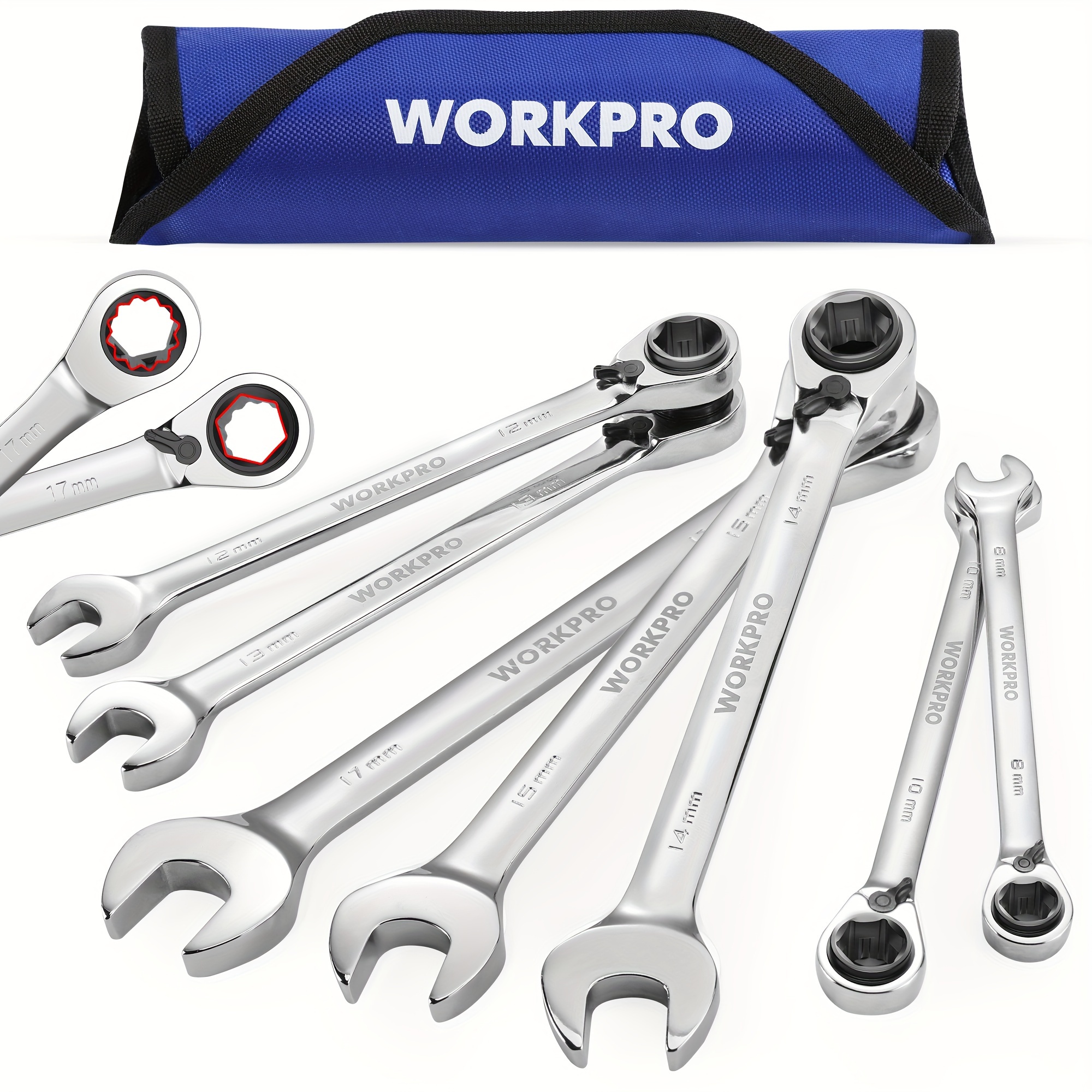 

Workpro 7-piece 3-in-1 Reversible Ratchet Wrench Set, Metric 8mm To 17mm, 6pt& 12pt& Open-end Wrenches, 72-teeth Ratcheting Combination Wrench With Rolling Pouch