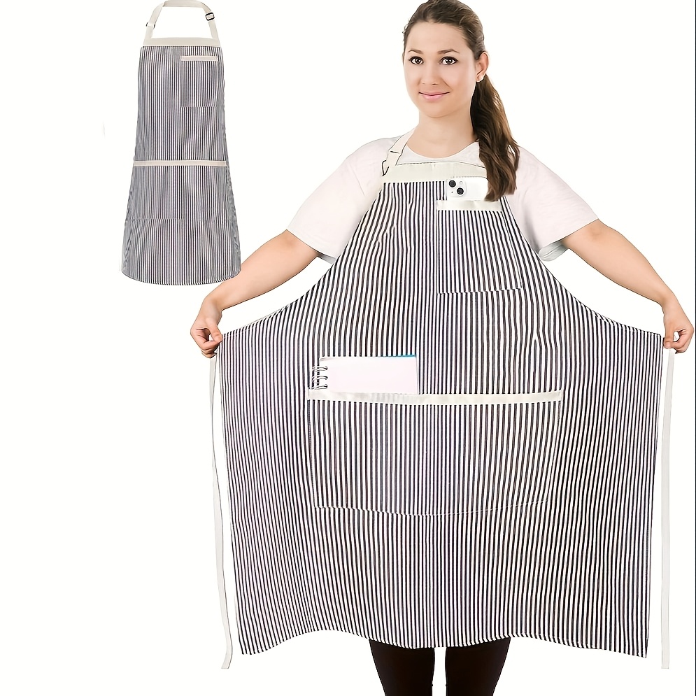 Image of 1 Size Stripe Kitchen Apron, Adjustable Chef Apron With 3 Pockets, Large Bib Aprons For Men Women, Cooking Aprons For Gardening Baking Bbq Painting Restaurant, White And Black