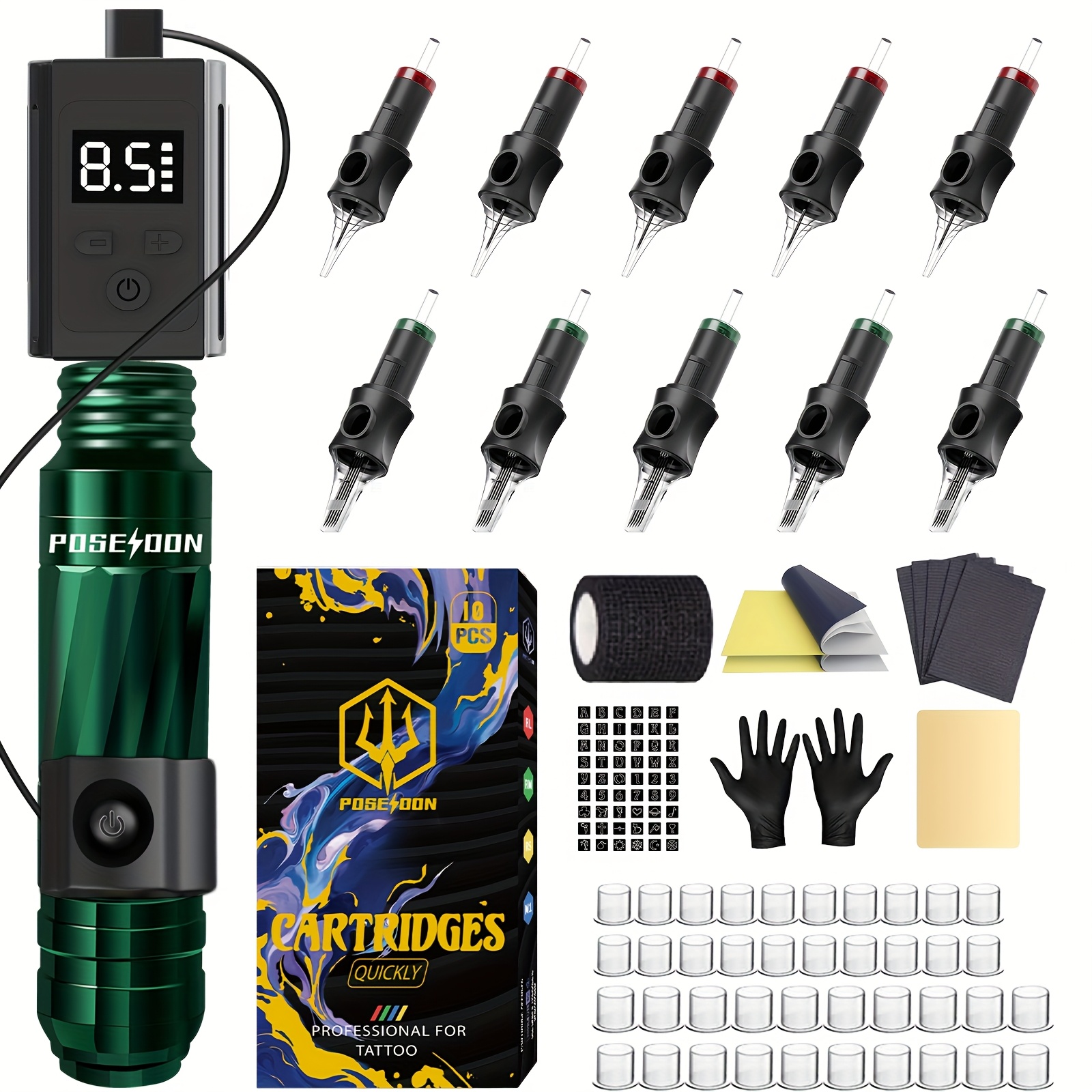 Image of Poseidon Wireless Tattoo Machine Kit With 10pcs Cartridge Needles | Usb Rechargeable Battery, Digital Display, Brushed Motor, Beginner-friendly, Green Color, Battery, Digital Tube Display