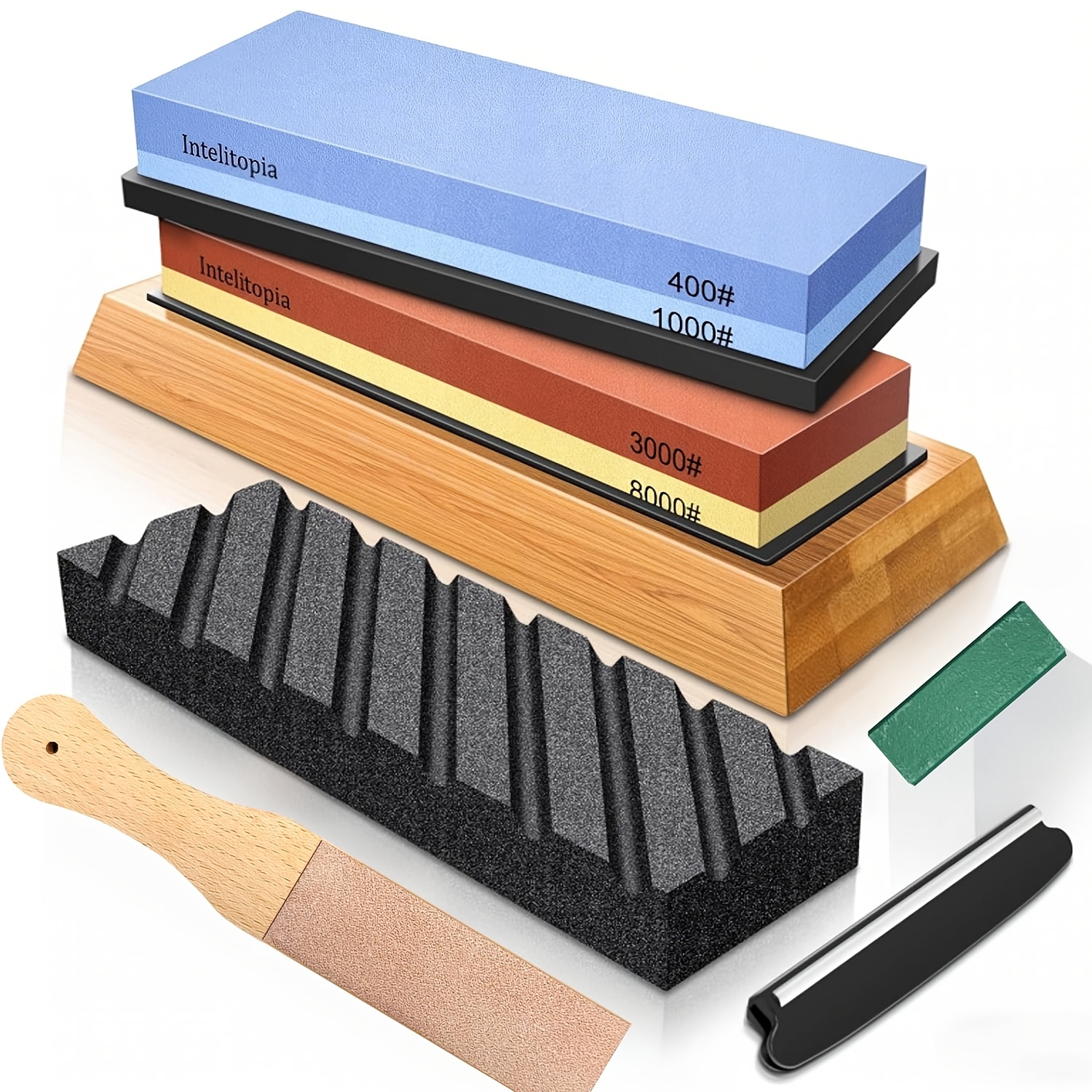 Image of 9pcs Sharpening Stone Kit | Dual Grit 400/1000 And 3000/8000 White Aluminum Oxide Stones With Non-slip Base And Stone Flattening Tool | Suitable For Sharpening Knives And Other Kitchen Tools