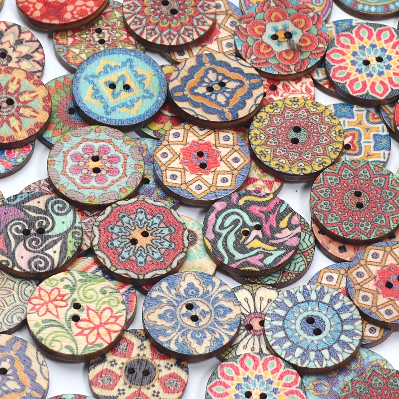 TEMU 50pcs 15mm Ethnic Style Floral Wood Round Buttons, Suitable For Exquisite Handmade Making Exotic , Personalized Necklaces, Bohemian Style