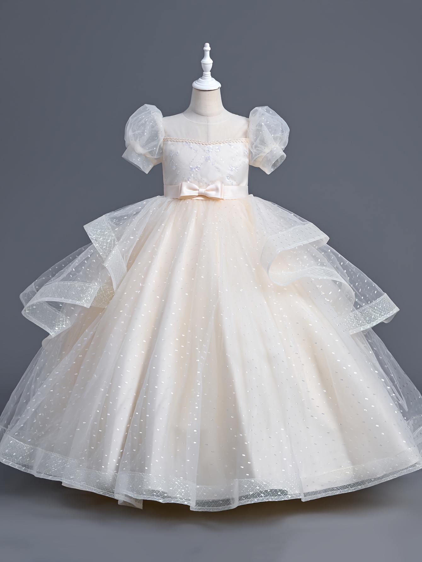 imagen del artículo vestido midi de   con   abullonada de poliéster elegante para niñas - vestido   con silueta de carpa y cinturón, tela no elástica, ropa de ocasión  , vestido de princesa,   para fiestas, vestido elegante    