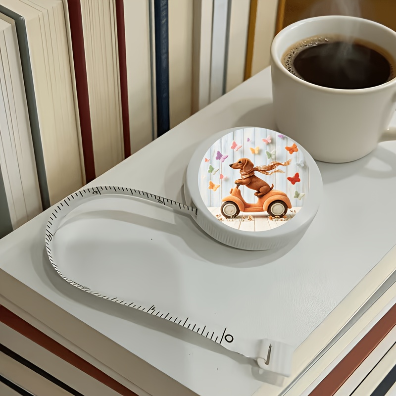 TEMU 1pc Dachshund Puppy Riding Bicycle Pattern Retractable Tape Measure, 150cm/59 Inch Soft Tape Measure, Suitable For Body Sewing Crafts, Portable